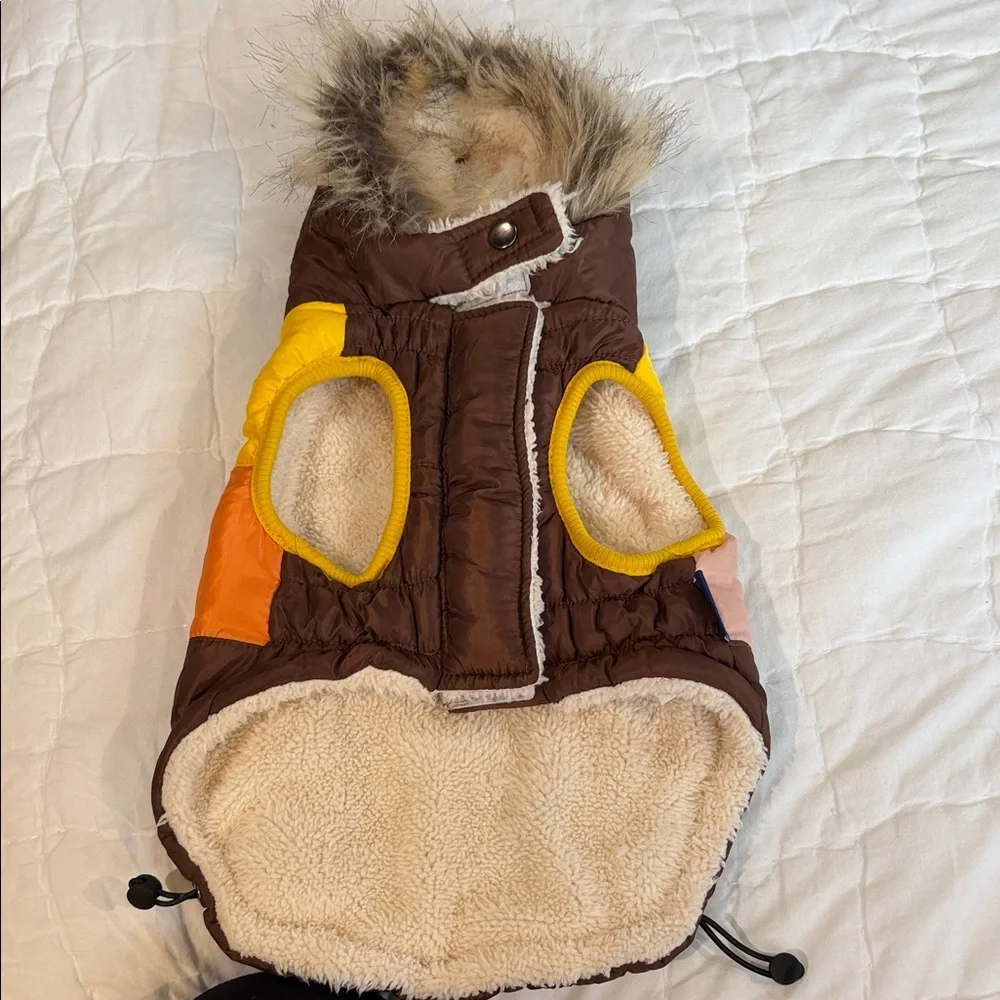 Stylish Brown and Orange Dog Jacket with Fur Trim.